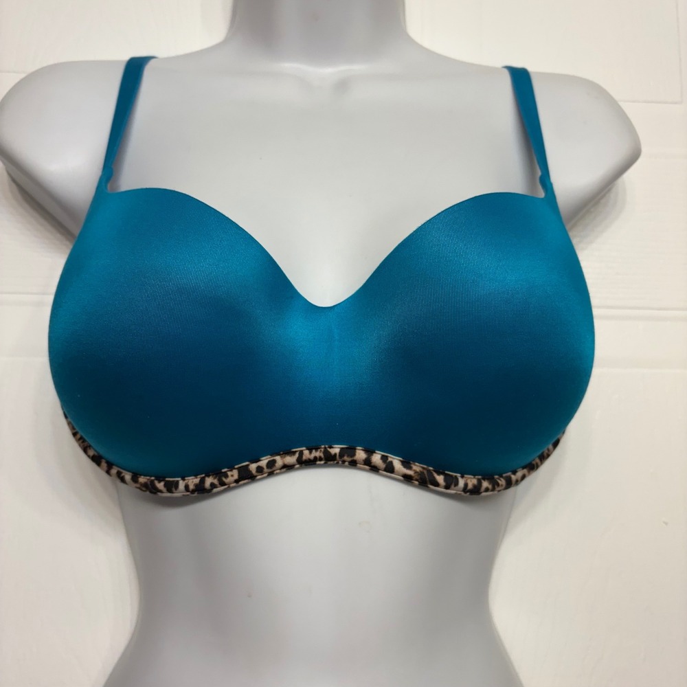 Victoria's Secret Balconet Bra Women 36C Teal Blue Leopard Trim Underwire Molded